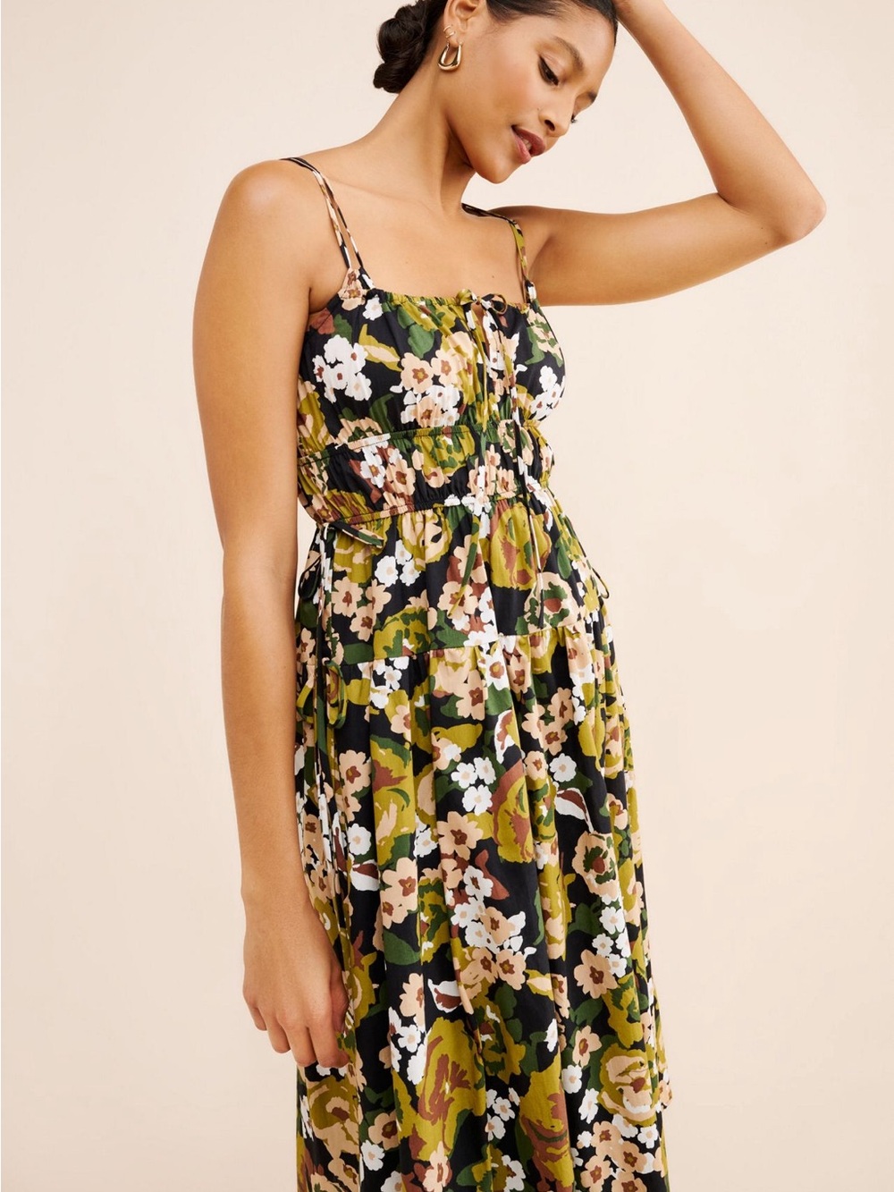 Moon River Floral Print Shirred Midi Dress